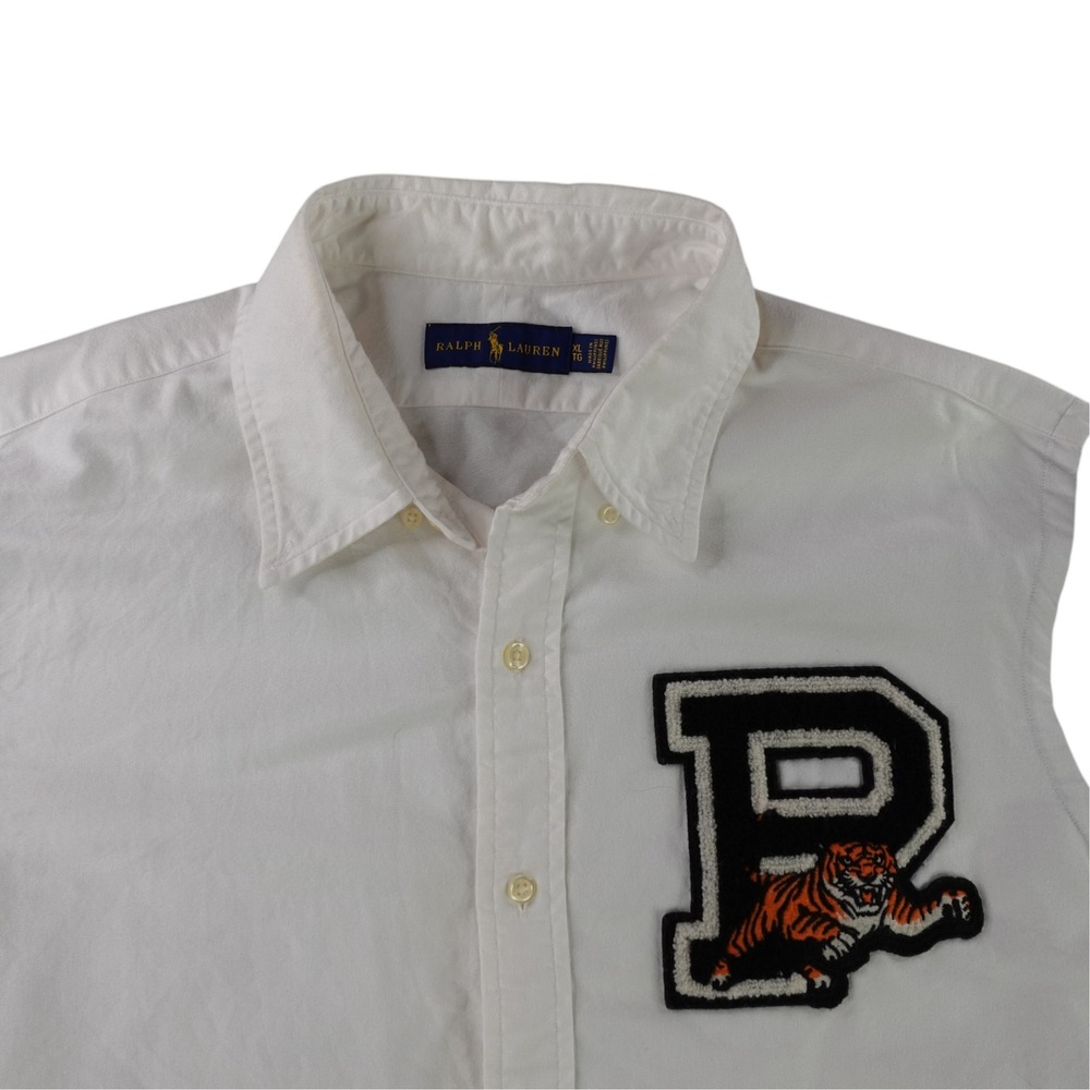 Ralph Lauren Oxford Shirt Mens XL White Gray Tiger Patch Letterman Varsity Polo